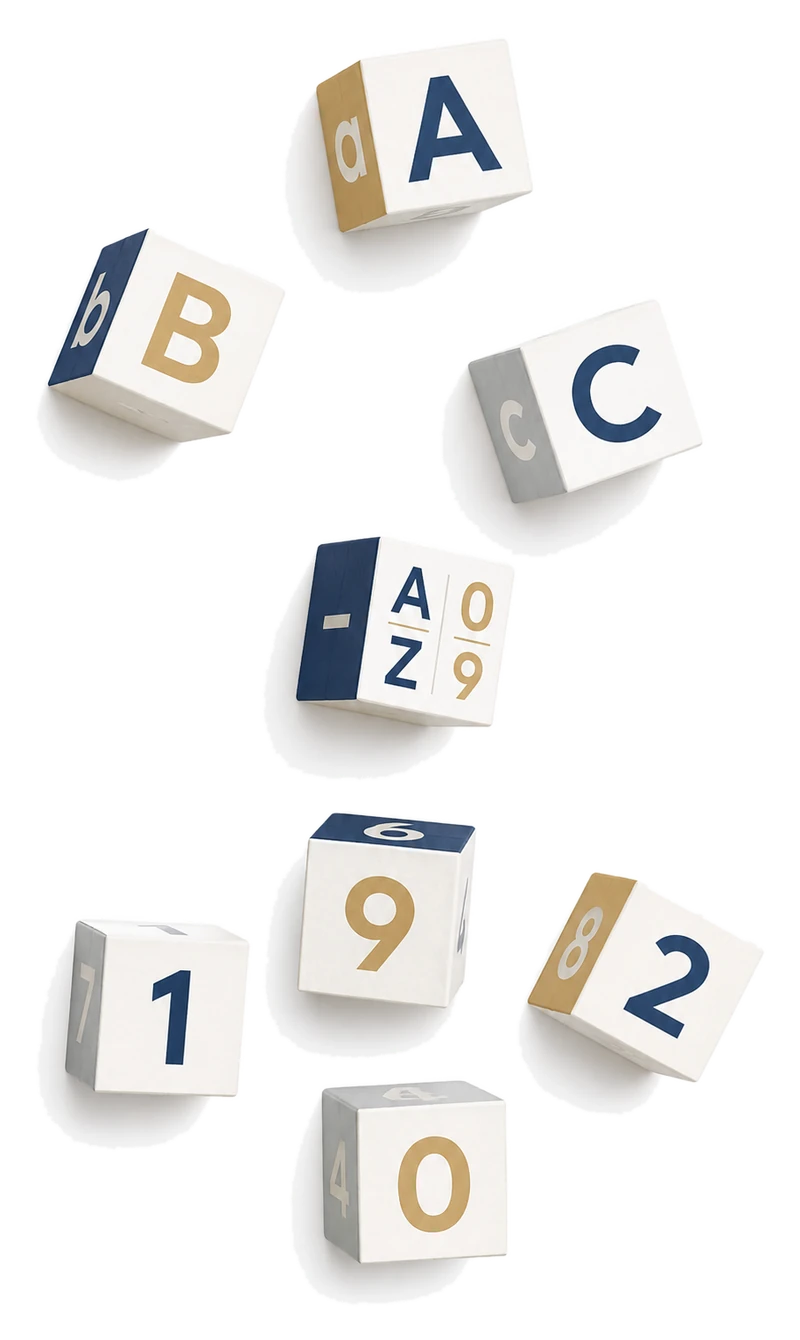 Alphanumeric — finite letters and digits, in brand colors